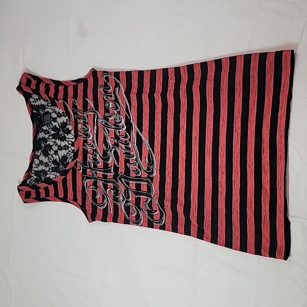 HARLEY DAVIDSON Pink/Black Striped Lace Backed Sleeveless Tank Top Size Small